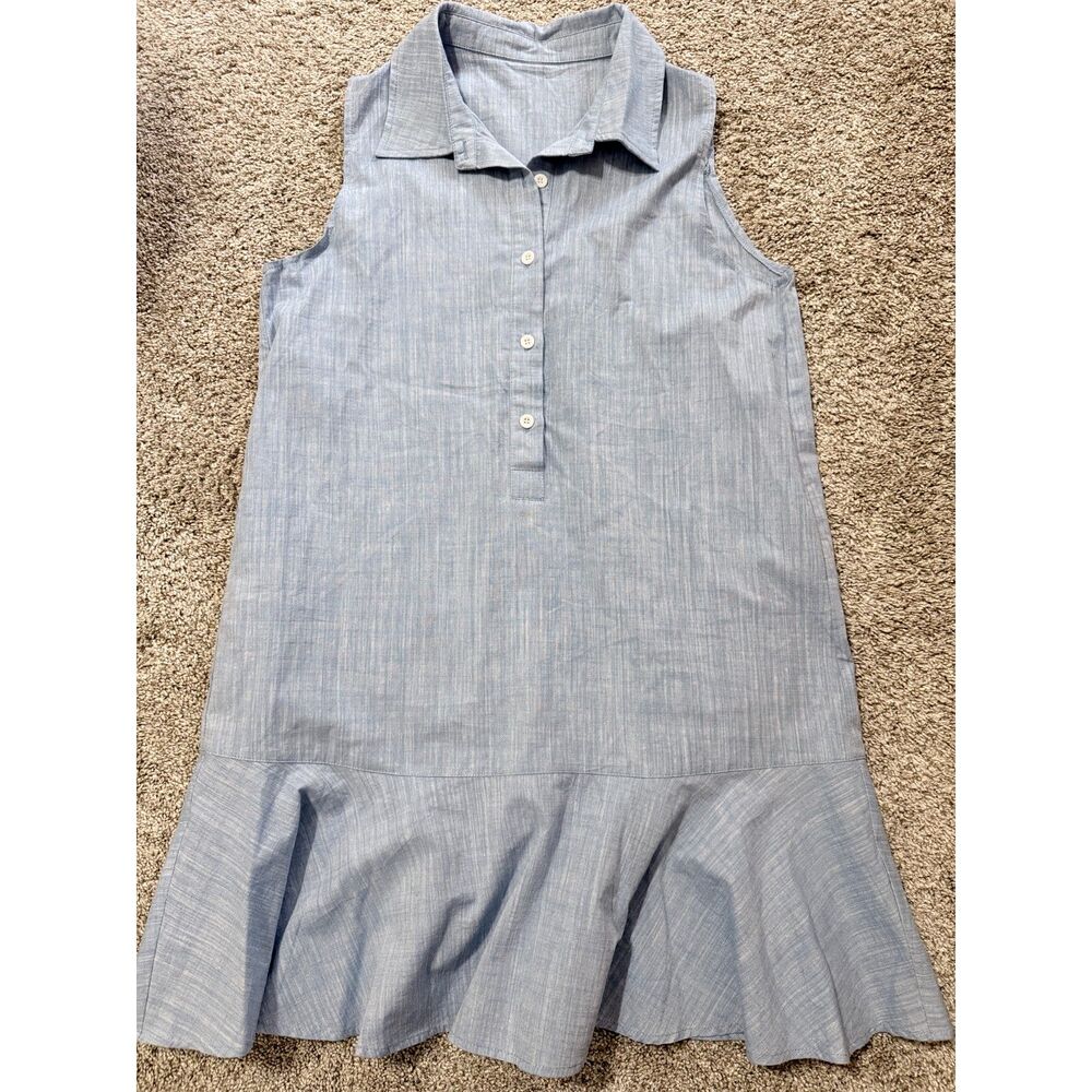 Blue Chambray Cotton Linen Sleeveless Drop Waist Shirt Dress Small 124